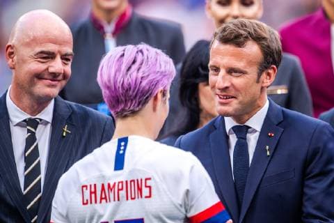 190707 Gianni Infantino, Fifa president, Megan Rapinoe of USA and Emmanuel Macron, president of France during the FIFA Women s World Cup final between USA and Netherlands on July 7, 2019 in Lyon Photo Simon Hastegard Image Source Code SH 180106 bbeng soccer football soccer soccer lady women women france france world cup world cup 2019 world championship fifa women s world cup 2019 world cup usa netherlands netherlands final vm final,  Copyright: SIMONxHASTEGARD BB190707SH142