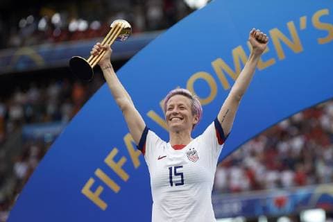 July 7, 2019 - Lyon, France - Megan Rapinoe (Reign FC) of United States lifts the golden ball trophy after winning the 2019 FIFA Women s World Cup France Final match between The United State of America and The Netherlands at Stade de Lyon on July 7, 2019 in Lyon, France. United States of America v Netherlands : Final - 2019 FIFA Women s World Cup France  - ZUMAn230 20190707_zaa_n230_410 Copyright: xJosexBretonx