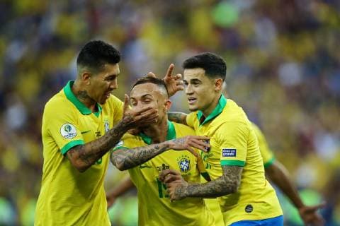 Fußball, Copa America, Finale, Brasilien - Peru Futbol, Brasil vs Peru Copa America 2019 El jugador de la seleccion brasilena Everton celebra su gol contra Peru durante el partido pro la Final de la Copa America realizado en el estadio Maracana, de Rio de Janeiro, Brasil. 07 07 2019 Heuler Andrey Dia Esportivo Photosport Football, Brasil vs Peru Copa America Championship 2019 Brasil s player Everton celebrates after scoring against Peru during the Final Copa America held at the Maracana stadium, de Rio de Janeiro, Brasil. 07 07 2019 Heuler Andrey Dia Esportivo Photosport Brasil vs Peru , Copa America 2019