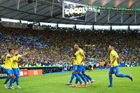 Fußball, Copa America, Finale, Brasilien - Peru Futbol, Brasil vs Peru Copa America 2019 El jugador de la seleccion brasilena Everton celebra su gol contra Peru durante el partido pro la Final de la Copa America realizado en el estadio Maracana, de Rio de Janeiro, Brasil. 07 07 2019 Heuler Andrey Dia Esportivo Photosport Football, Brasil vs Peru Copa America Championship 2019 Brasil s player Everton celebrates after scoring against Peru during the Final Copa America held at the Maracana stadium, de Rio de Janeiro, Brasil. 07 07 2019 Heuler Andrey Dia Esportivo Photosport Brasil vs Peru , Copa America 2019
