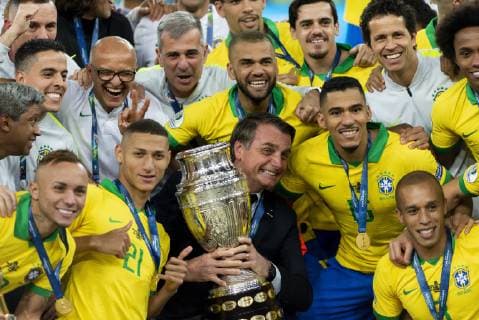 Brazil vs. Peru RIO DE JANEIRO, RJ - 07.07.2019: BRAZIL VS. PERU - Jair Bolsonaro with the cup during match between Brazil and Peru, valid for the 2019 Copa America final, held this Sunday (07) at the Maracanã Stadium in Rio de Janeiro, RJ. (Photo: Celso Pupo Fotoarena) x1759673x  CelsoxPupo