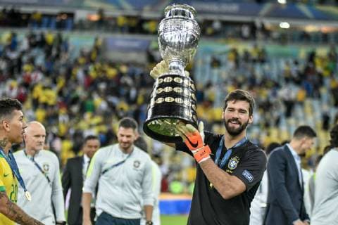 Brazil vs. Peru RIO DE JANEIRO, RJ - 07.07.2019: BRAZIL VS. PERU - Alisson celebrates title after the match between Brazil and Peru, valid for the Copa America 2019 final, held this Sunday (07) at the Maracanã Stadium in Rio de Janeiro, RJ. (Photo: Nayra Halm Fotoarena) x1759722x  NayraxHalm