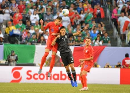 July 07, 2019: US defender, Matt Miazga (19), and Mexico forward, Raul Jimenez (9), go up for the ball during the 2019 CONCACAF Gold Cup, championship match, between the United States and Mexico, at Soldier Field in Chicago, IL. Credit: CSM 2019 CONCACAF Gold Cup: Mexico vs United States Jul 07 - ZUMAc04_ 20190707_zaf_c04_067 Copyright: xKevinxLangleyx