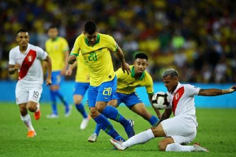7th July 2019; Maracana Stadium, Rio de Janeiro, Brazil; Copa America football final, Brazil versus Peru; Roberto Firmino of Brazil slide tackled by Miguel Trauco of Peru  ActionPlus12151943 HeulerxAndrey