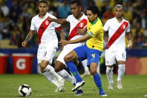 7th July 2019; Maracana Stadium, Rio de Janeiro, Brazil; Copa America football final, Brazil versus Peru; Marquinhos of Brazil and Renato Tapia of Peru  ActionPlus12151915 AdalbertoxMarques DiaEsportivo