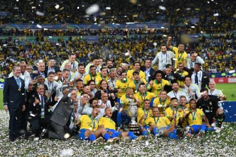 (190708) -- RIO DE JANEIRO, July 8, 2019 -- Brazil s football team celebrates during the awarding ceremony after the Copa America 2019 final match between Brazil and Peru, held in Rio de Janeiro, Brazil, July 7, 2019. Brazil won 3-1. ) (SP)BRAZIL-RIO DE JANEIRO-FOOTBALL-COPA AMERICA 2019-FINAL-BRAZIL VS PERU XinxYuewei 