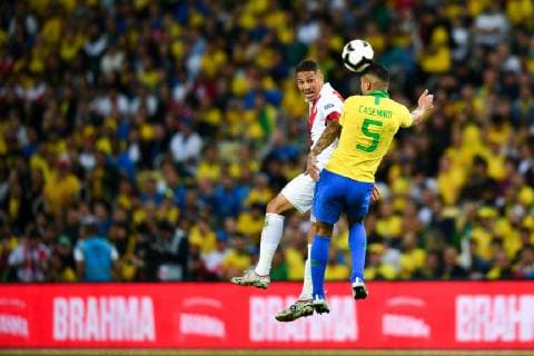 (190708) -- RIO DE JANEIRO, July 8, 2019 -- Brazil s Casemiro (R) competes with Paolo Guerrero of Peru during the Copa America 2019 final match between Brazil and Peru, held in Rio de Janeiro, Brazil, July 7, 2019. Brazil won 3-1. ) (SP)BRAZIL-RIO DE JANEIRO-FOOTBALL-COPA AMERICA 2019-FINAL-BRAZIL VS PERU XinxYuewei 