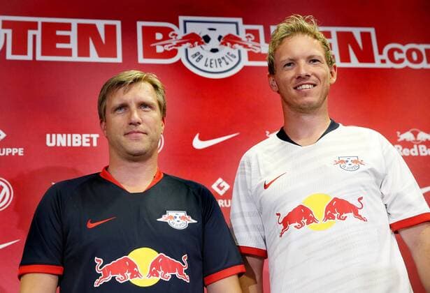 RB Leipzig PK Fussball Bundesliga Leipzig, 08 07 2019, RBL Akademie, Football, 1 Bundesliga , RB Leipzig PK, Presentation of the sportl management for the new season , In the picture Markus Krösche Kroesche RB Leipzig and coach Julian Nagelsmann RB Leipzig ,
