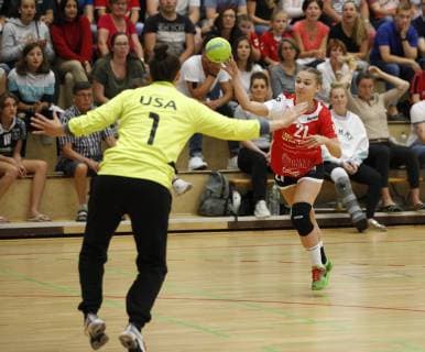 Germany Hattersheim 09 07 2019 Handball Hessen Test match womens season 2018 2019 TSG Eddersheim red USA black v l Goalkeeper Sophie Fasold USA , Ariane Hilbig Eddersheim Sport TSG Eddersheim USA
