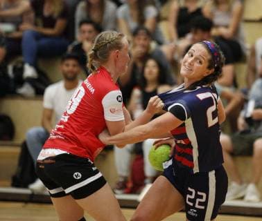 Germany Hattersheim 09 07 2019 Handball Hessen Test match womens season 2018 2019 TSG Eddersheim red USA black v l Franziska Feick Eddersheim , Jence Rhoads USA Sport TSG Eddersheim USA