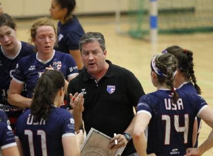 Germany Hattersheim 09 07 2019 Handball Hessen Test match womens season 2018 2019 TSG Eddersheim red USA black v l Julia Taylor USA , coach Christian Latulippe, Jennifer Farrar USA Sport TSG Eddersheim USA