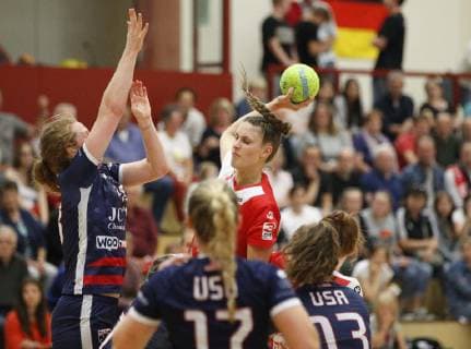 Germany Hattersheim 09 07 2019 Handball Hessen Test match womens 2018 2019 season TSG Eddersheim red USA black v l Lilly König Eddersheim Sport TSG Eddersheim USA