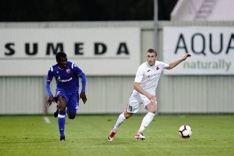 MARIAMPOL 09.07.2019 PIERWSZY MECZ I RUNDA ELIMINACYJNA LIGA MISTRZOW SEZON 2019 20: FK SUDUVA MARIJAMPOLE - FK CRVENA ZVEZDA BELGRAD --- UEFA CHAMPIONS LEAGUE FIRST QUALIFYING ROUND FIRST MATCH: SUDUVA MARIJAMPOLE - CRVENA ZVEZDA BELGRADE EL FARDOU BEN NABOUHANE VAIDAS SLAVICKAS FOT. PIOTR KUCZA FOTOPYK NEWSPIX.PL --- Newspix.pl 190709PYK0004