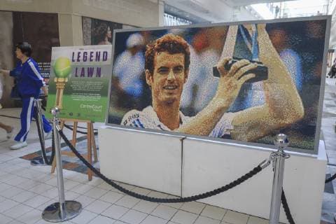 July 8, 2019 - London, United Kingdom - A mosaic of British tennis player Andy Murray made of lego pieces is displayed at the Centre Court shopping centre in Wimbledon as part of Legend Lawn. Andy Mosaic at Wimbledon in London, UK - 08 Jul 2019 - ZUMAs197 20190708_zab_s197_009 Copyright: xAmerxGhazzalx