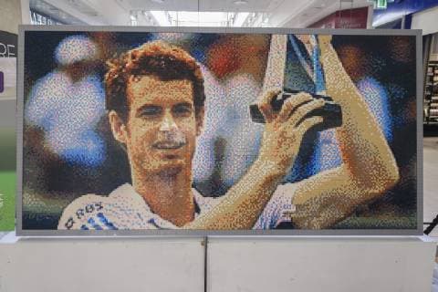 July 8, 2019 - London, United Kingdom - A mosaic of British tennis player Andy Murray made of lego pieces is displayed at the Centre Court shopping centre in Wimbledon as part of Legend Lawn. Andy Mosaic at Wimbledon in London, UK - 08 Jul 2019 - ZUMAs197 20190708_zab_s197_011 Copyright: xAmerxGhazzalx