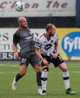 UEFA Champions League First Qualifying Round First Leg, Oriel Park, Dundalk, Co. Louth 10 7 2019 Dundalk vs Riga FC Dundalk s Chris Shields with Roman Debelko of Riga FC Chris Shields with Roman Debelko 10 7 2019  Copyright: x©INPHO MorganxTreacyx EA3I3511A