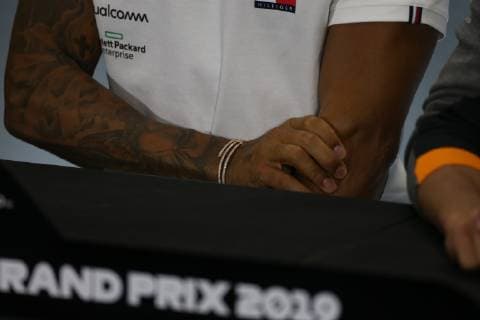 Photo4 LaPresse 11 07 2019 Silverstone, England Grand Prix Formula One England 2019 In the pic: Official Fia press conference, PK, Pressekonferenz Lewis Hamilton (GBR) Mercedes AMG F1 W10 EQ Power Tattoo  Copyright: xPhoto4 LaPressex