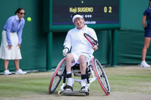 Koji Sugeno of Japan during the quad wheelchair singles semi-final match of the Wimbledon Lawn Tennis Championships against Dylan Alcott of Australia at the All England Lawn Tennis and Croquet Club in London, England on July 11, 2019.  (107759593)