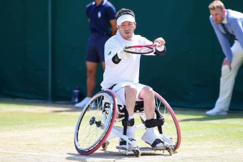 Koji Sugeno of Japan during the quad wheelchair singles semi-final match of the Wimbledon Lawn Tennis Championships against Dylan Alcott of Australia at the All England Lawn Tennis and Croquet Club in London, England on July 11, 2019.  (107759596)