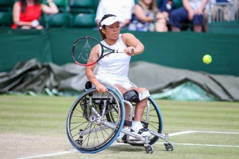 Yui Kamiji of Japan during the women s wheelchair singles quarter-final match of the Wimbledon Lawn Tennis Championships against Jordan Whiley of Great Britain at the All England Lawn Tennis and Croquet Club in London, England on July 11, 2019.  (107759832)