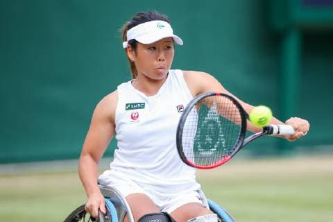Yui Kamiji of Japan during the women s wheelchair singles quarter-final match of the Wimbledon Lawn Tennis Championships against Jordan Whiley of Great Britain at the All England Lawn Tennis and Croquet Club in London, England on July 11, 2019.  (107759836)