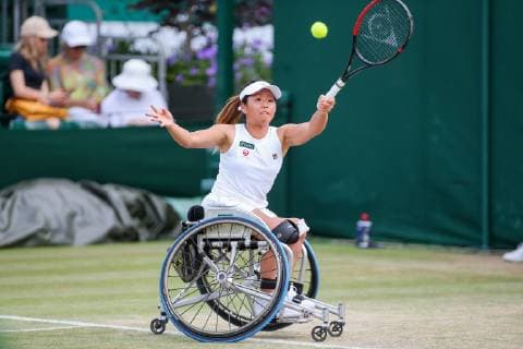 Yui Kamiji of Japan during the women s wheelchair singles quarter-final match of the Wimbledon Lawn Tennis Championships against Jordan Whiley of Great Britain at the All England Lawn Tennis and Croquet Club in London, England on July 11, 2019.  (107759846)