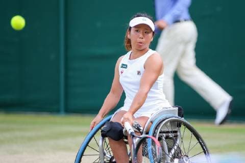 Yui Kamiji of Japan during the women s wheelchair singles quarter-final match of the Wimbledon Lawn Tennis Championships against Jordan Whiley of Great Britain at the All England Lawn Tennis and Croquet Club in London, England on July 11, 2019.  (107759847)