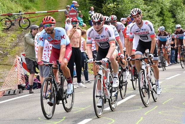LA PLANCHE DES BELLES FILLES, FRANCE, 11 JULY 2019 --- Cycling Radsport --- Tour de France --- Stage 6 Etappe 6: Rick Zabel (Alpecin-Katusha) and Andre Greipel (Arkea-Samsic) and Florian Vachon (Arkea-Samsic) climb the final ascent on stage 6 from Mulhouse to La Planche Des Belles Filles ---- Photo: Hannah Issler isslerimages ---- Tour de France 2019 stage 4 - Etap 6