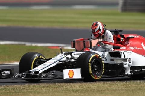12th June 2019, Silverstone, Northampton, England; F1 Grand Prix of Great Britain, Practice sessions; Alfa Romeo Racing, Kimi Raikkonen stops on track during practice 1  ActionPlus12153112 Octane