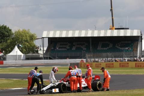 12th June 2019, Silverstone, Northampton, England; F1 Grand Prix of Great Britain, Practice sessions; Alfa Romeo Racing, Kimi Raikkonen stops on track during practice 1  ActionPlus12153121 Octane