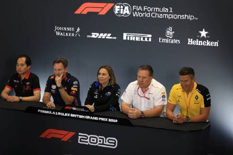 12th June 2019, Silverstone, Northampton, England; F1 Grand Prix of Great Britain, Practice sessions; Toyoharu Tanabe, Honda, Zak Brown, McLaren, Claire Williams, Marcin Budkowski, Renault and Christian Horner ActionPlus12153130 Octane