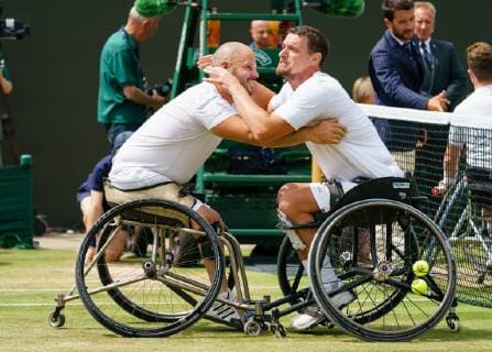 Belgian Joachim Gerard (R) and Swedish Stefan Olsson celebrate as they won the final of the men s wheelchair doubles final against British pair Alfie Hewitt and Gordon Reid at the 2019 Wimbledon grand slam tennis tournament at the All England Tennis Club, in south-west London, Britain, Saturday 13 July 2019. PETERxVANxDENxBERG  x05625366x