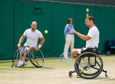 Belgian Joachim Gerard (R) and Swedish Stefan Olsson play to win the final of the men s wheelchair doubles final against British pair Alfie Hewitt and Gordon Reid at the 2019 Wimbledon grand slam tennis tournament at the All England Tennis Club, in south-west London, Britain, Saturday 13 July 2019. PETERxVANxDENxBERG  x05625359x