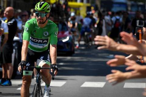 Slovakian Peter Sagan of Bora-Hansgrohe wearing the green jersey at the start of the eighth stage of the 106th edition of the Tour de France cycling race, from Macon to Saint-Etienne (200 km), Saturday 13 July 2019 in France. This year s Tour de France starts in Brussels and takes place from July 6th to July 28th. DAVIDxSTOCKMAN  x05625438x