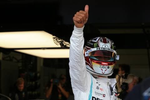 13th July 2019, Silverstone Circuit. Northampton, England; FIA Formula 1 Grand Prix of Britain, Qualification Day; Mercedes AMG Petronas Motorsport, Lewis Hamilton thumbs uo ti the fans as he takes 2nd on pole  ActionPlus12153572 Octane