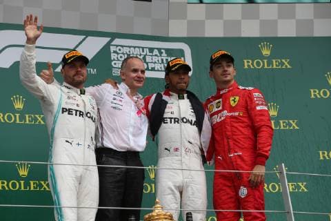 Photo4 LaPresse 14 07 2019 Silverstone, England Grand Prix Formula One England 2019 In the pic: Podium, winner Lewis Hamilton (GBR) Mercedes AMG F1 W10 EQ Power, 2nd place Valtteri Bottas (FIN) Mercedes AMG F1 W10 EQ Power, 3rd place Charles Leclerc (MON) Scuderia Ferrari SF90  Copyright: xPhoto4 LaPressex