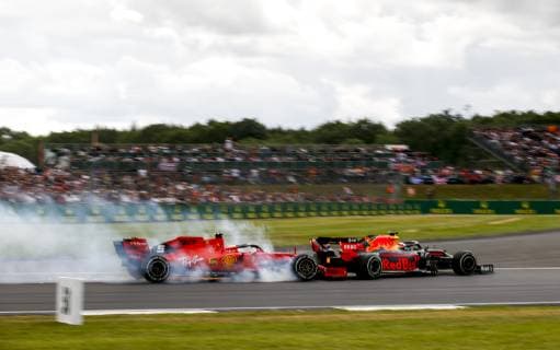 Motorsports: FIA Formula One World Championship, WM, Weltmeisterschaft 2019, Grand Prix of Great Britain, Crash between 5 Sebastian Vettel (GER, Scuderia Ferrari Mission Winnow) and 33 Max Verstappen (NLD, Aston Martin Red Bull Racing) Silverstone Great Britain