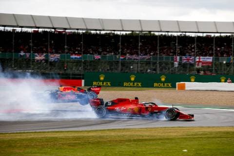 Motorsports: FIA Formula One World Championship, WM, Weltmeisterschaft 2019, Grand Prix of Great Britain, Crash between 5 Sebastian Vettel (GER, Scuderia Ferrari Mission Winnow) and 33 Max Verstappen (NLD, Aston Martin Red Bull Racing) Silverstone Great Britain