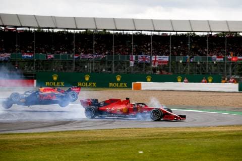 Motorsports: FIA Formula One World Championship, WM, Weltmeisterschaft 2019, Grand Prix of Great Britain, Crash between 5 Sebastian Vettel (GER, Scuderia Ferrari Mission Winnow) and 33 Max Verstappen (NLD, Aston Martin Red Bull Racing) Silverstone Great Britain