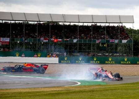 Motorsports: FIA Formula One World Championship, WM, Weltmeisterschaft 2019, Grand Prix of Great Britain, Crash between 5 Sebastian Vettel (GER, Scuderia Ferrari Mission Winnow) and 33 Max Verstappen (NLD, Aston Martin Red Bull Racing) Silverstone Great Britain