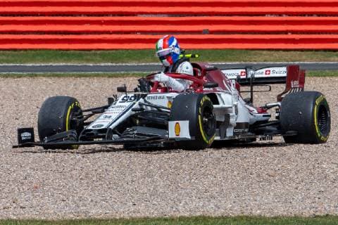 14th July 2019; Silverstone Circuit, Northampton, England; FIA F1 Grand Prix of Britain, Race Day; Alfa Romeo Racing driver Antonio Giovinazzi climbs out from his car after a spin  ActionPlus12153894 TimxWilliams