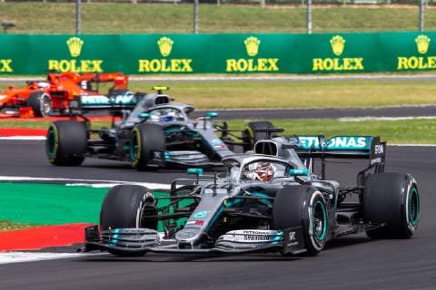 14th July 2019; Silverstone Circuit, Northampton, England; FIA F1 Grand Prix of Britain, Race Day; Lewis Hamilton leads from Valtteri Bottas driving his Mercedes AMG Petronas Motorsport F1 W10  ActionPlus12153897 TimxWilliams