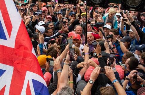 14th July 2019; Silverstone Circuit, Northampton, England; FIA F1 Grand Prix of Britain, Race Day; Mercedes AMG Petronas Motorsport driver Lewis Hamilton in the crowd celebrates his win  ActionPlus12153917 TimxWilliams