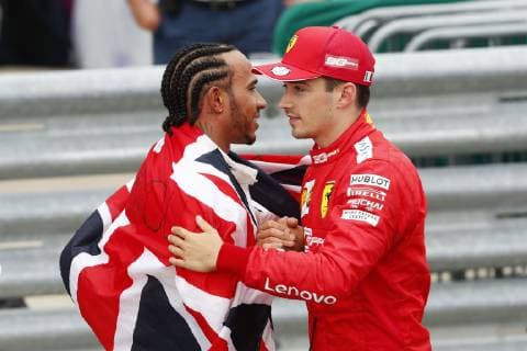 Motorsports: FIA Formula One World Championship, WM, Weltmeisterschaft 2019, Grand Prix of Great Britain, 44 Lewis Hamilton (GBR, Mercedes AMG Petronas Motorsport), 16 Charles Leclerc (MCO, Scuderia Ferrari Mission Winnow), Silverstone Great Britain