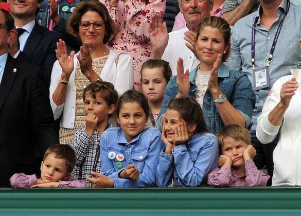 Tennis - 2019 Wimbledon Championships - Week Two, Sunday (Day Thirteen) Men s Singles, Final: Novak Djokovic (SRB) vs. Roger Federer (SUI) Federer s wife Mirka with her dejected children after the match , on Centre Court. COLORSPORT ANDREW COWIE 
