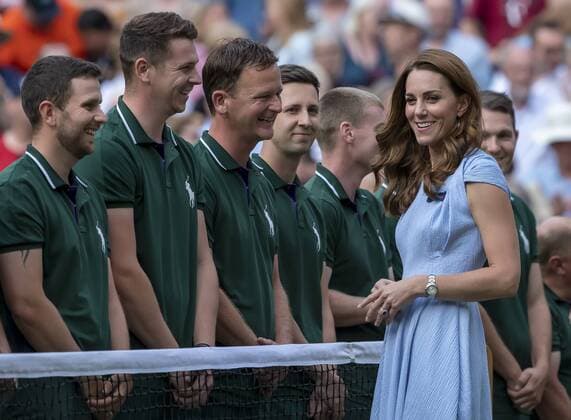 14th July 2019, The All England Lawn Tennis and Croquet Club, Wimbledon, England, Wimbledon Tennis Tournament, Day 13, mens singles final; Catherine Duchess of Cambridge speaks with the Wimbledon groundsmen  ActionPlus12153981 ShaunxBrooks