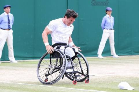 Gustavo Fernandez of Argentina celebrates after winning the men s wheelchair singles final match of the Wimbledon Lawn Tennis Championships against Shingo Kunieda of Japan at the All England Lawn Tennis and Croquet Club in London, England on July 14, 2019.  (107962057)