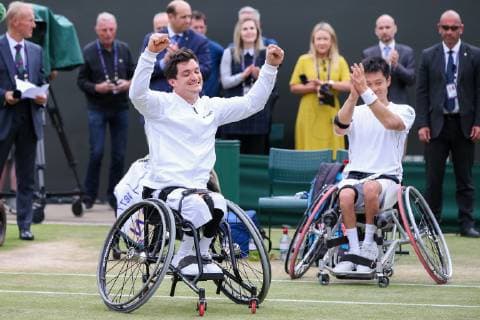 Gustavo Fernandez of Argentina celebrates after winning the men s wheelchair singles final match of the Wimbledon Lawn Tennis Championships against Shingo Kunieda of Japan at the All England Lawn Tennis and Croquet Club in London, England on July 14, 2019.  (107962059)
