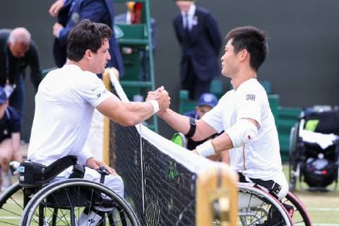 Shingo Kunieda of Japan and Gustavo Fernandez of Argentina greet each other after the men s wheelchair singles final match of the Wimbledon Lawn Tennis Championships at the All England Lawn Tennis and Croquet Club in London, England on July 14, 2019.  (107962181)