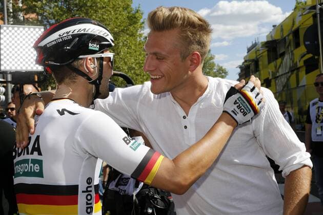 German Maximilian Schachmann of Bora-Hansgrohe and German Marcel Kittel of Katusha-Alpecin pictured after the arrival of the tenth stage of the 106th edition of the Tour de France cycling race, from Saint-Flour to Albi(217,5 km), Monday 15 July 2019 in France. This year s Tour de France starts in Brussels and takes place from July 6th to July 28th. FRANCE OUT YUZURUxSUNADA  x05626790x